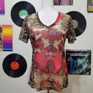 Lana Lee | Y2K Rhinestone Mixed Print Mesh V-Neck Top